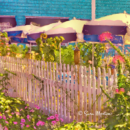 Newport Rhode Island Café Flower Garden Art Print  with colorful umbrellas, a white picket fence, and flowers.