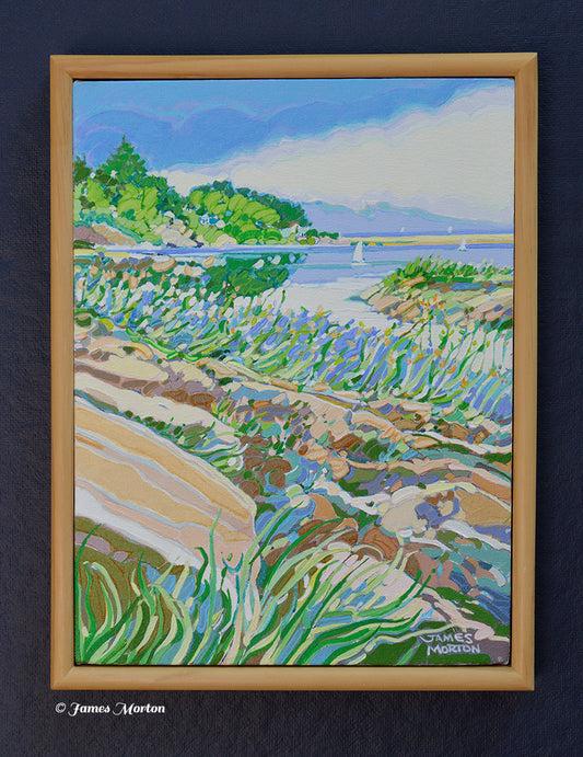 Ocean Pond original acrylic painting of Ogunquit, Maine viewed from the Marginal Way. Framed coastal landscape featuring rocky shoreline, beach grasses, calm Atlantic water, distant sailboats, and a soft blue sky.