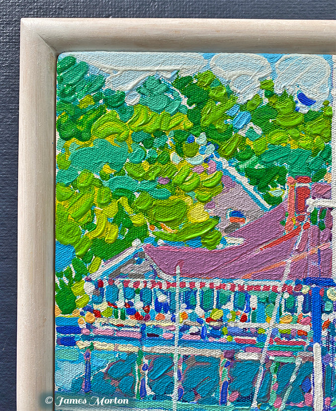 Close up detail view of textured acrylic painting of a coastal Maine harbor scene with green trees, Barnacle Billy's restaurant, and boats on the water, Fine Artist James Morton.