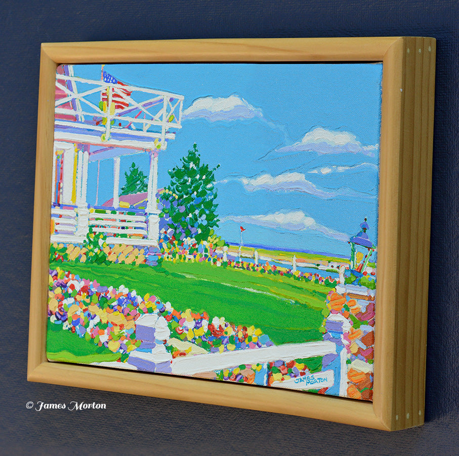 Right side angle of an original Ogunquit Maine landscape painting inspired by the Marginal Way. Depicts a peaceful coastal garden with colorful flowers, white Colonial architecture, manicured lawn, trees, and a distant ocean horizon.