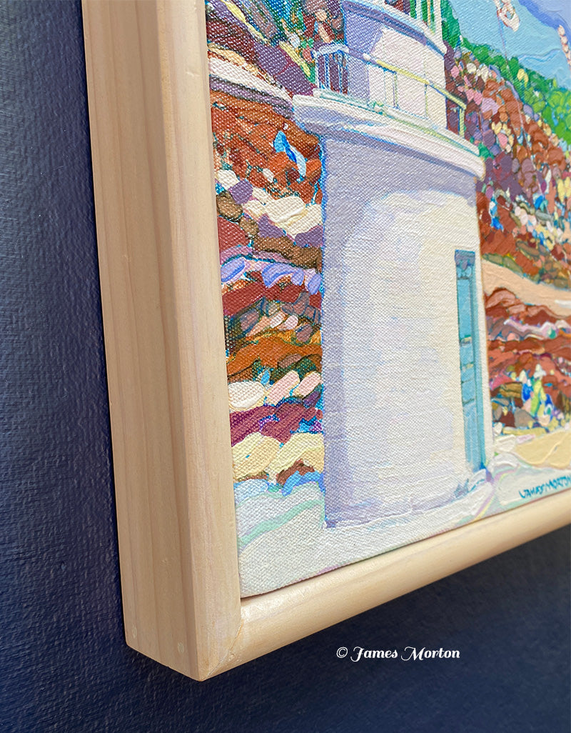 Close-up detail of the original acrylic painting showing Lobster Point Lighthouse, expressive brushwork, canvas texture, paint detail, and the natural wood frame with James Morton's signature.