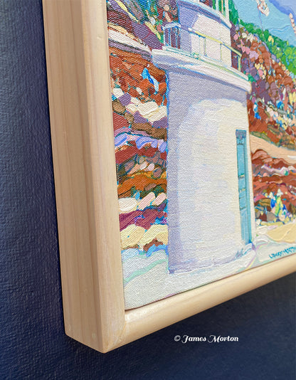 Close-up detail of the original acrylic painting showing Lobster Point Lighthouse, expressive brushwork, canvas texture, paint detail, and the natural wood frame with James Morton's signature.