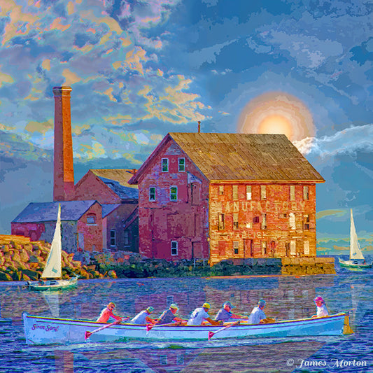 Fine art Digigraph print of the Old Tar and Wonson Paint Factory in Gloucester, MA, at sunset with rowers in the harbor and sailboats in the distance.
