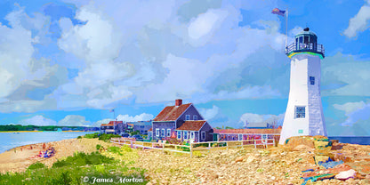 Art Print of Scituate Lighthouse in Massachusetts by Artist James Morton , Original Digigraph Print. Features the full span of the open beach surrounding the lighthouse and a blue sky with clouds. 