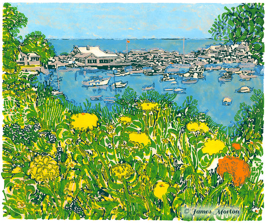Perkins Cove woodcut art print by James Morton - Ogunquit Maine harbor with fishing boats, flowers & buildings. Available on watercolor paper or canvas.
