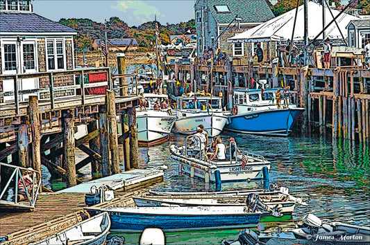 Plymouth MA Harbor scene with numerous boats docked at wooden town pier, waterfront festival, and people.