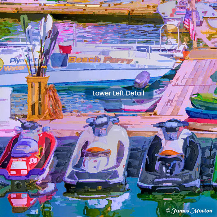 Detail of jet skis and reflections along a narrow dock in Plymouth Harbor art print, Town Pier Massachusetts
