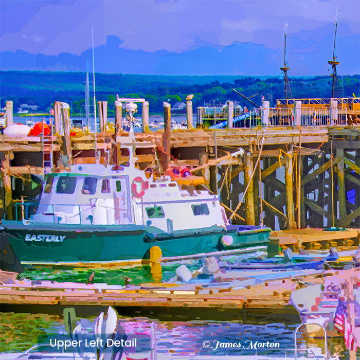 Towboat Easterley moored at Plymouth Town Pier near wooden pylons, detail from coastal New England harbor art print
