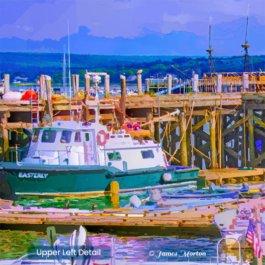 Towboat Easterley moored at Plymouth Town Pier near wooden pylons, detail from coastal New England harbor art print
