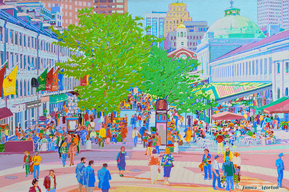 Quincy Market Boston painting fine art print showing a lively historic marketplace scene with crowds, trees, and architecture by James Morton