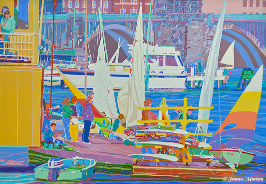 Painting of MIT Sailing Pavilion Cambridge MA with sailboats on the Charles River and Longfellow Bridge in Boston
