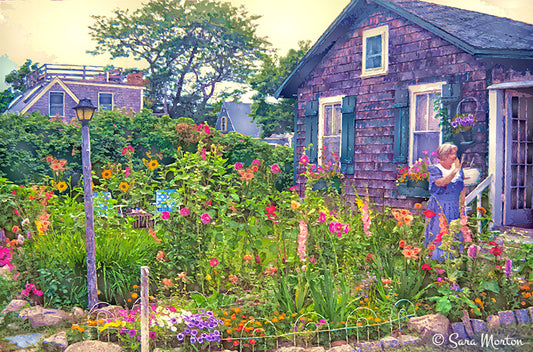 Original Digigraph artwork of Rockport Antique Garden by Sara Morton, inspired by a Bearskin Neck flower garden. 