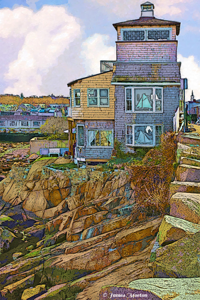 Digital woodcut print of Old Stone Fort site on Bearskin Neck, Rockport Harbor with rocky promontory and clouds