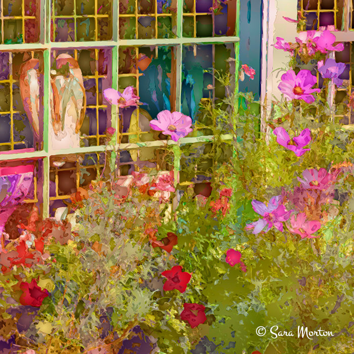 Colorful abstract art - detail of Rockport MA art print by Sara Morton – yellow grid with hanging flip flops, warm-toned pink , red flowers and green foliage
