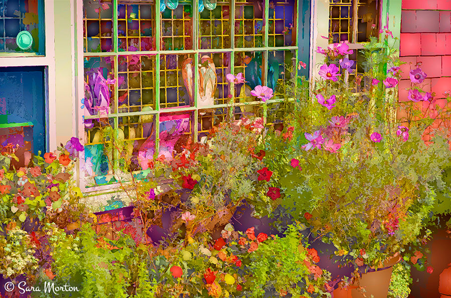 Rockport MA art print – flower garden outside North Shore Kayak, warm color palette, Bearskin Neck coastal scene
