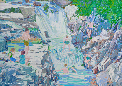 Rocky Gorge acrylic painting of Flume Gorge waterfall in Franconia Notch, New Hampshire, showing cascading water, granite rocks, and forest vegetation with swimmers.