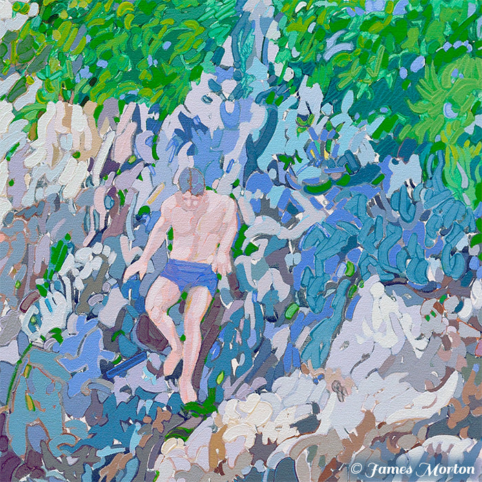 Close-up of a person climbing granite rocks in Rocky Gorge acrylic painting, surrounded by forest foliage and textured, painterly rock surfaces. Artist James Morton