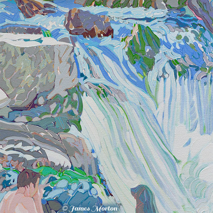 Close-up detail of Rocky Gorge acrylic painting showing waterfall, granite rocks, forest plants, and a figure observing the falls, with visible brushstrokes on canvas. Artist James Morton