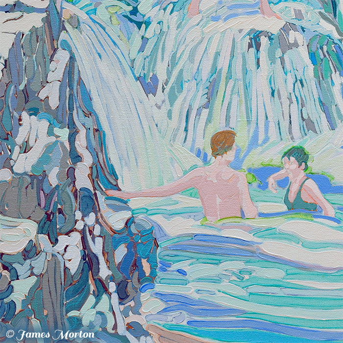Detail of Rocky Gorge acrylic painting depicting two people in the basin pool with the waterfall behind them, along with painterly rock textures. Artist James Morton