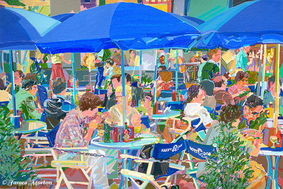 Painting print of The Salty Dog Oyster Bar and Grill in Boston’s Quincy Market, with diners seated outdoors under blue umbrellas in a lively café setting.