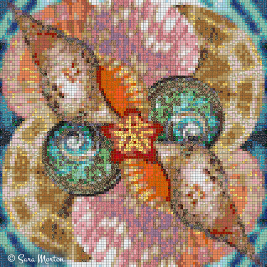 Seashells and starfish digital tile mosaic with kaleidoscope design nautical wall art