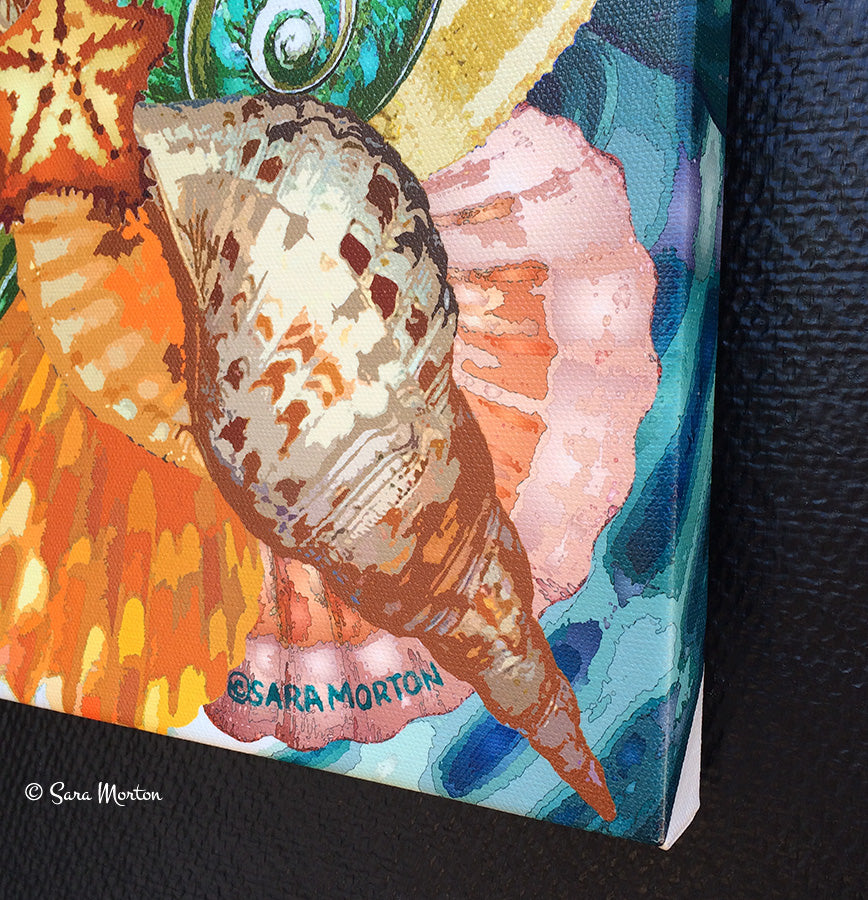 Bottom right corner detail of Sea Swerve Seascope canvas print showing wrapped edge artwork and artist Sara Morton signature.