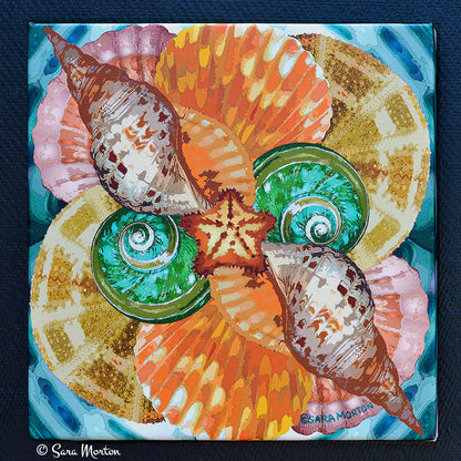 Sea Swerve Seascope kaleidoscope collage canvas print featuring starfish, scallop shells, snail shells, and sea urchin shells in vibrant coastal colors.