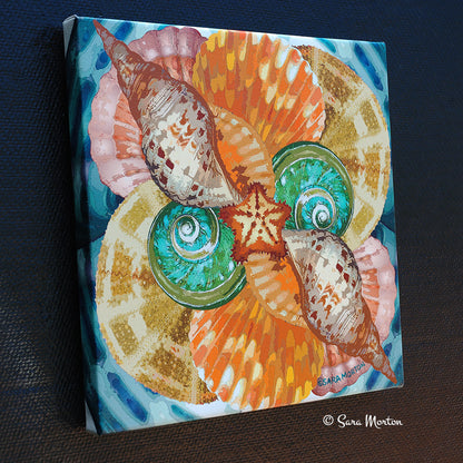 Left side angle view of Sea Swerve Seascope stretched canvas print showing wrapped edges and colorful seashell kaleidoscope artwork.
