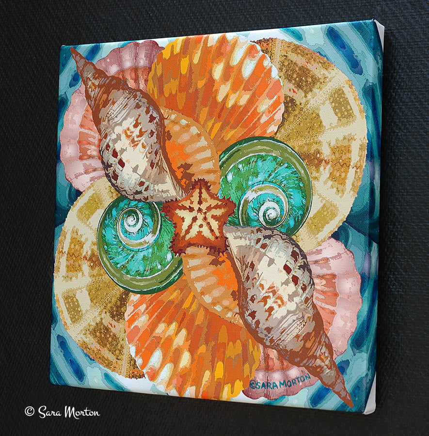 Right side angle view of Sea Swerve Seascope canvas wall art featuring starfish and seashell kaleidoscope collage design on stretched canvas.