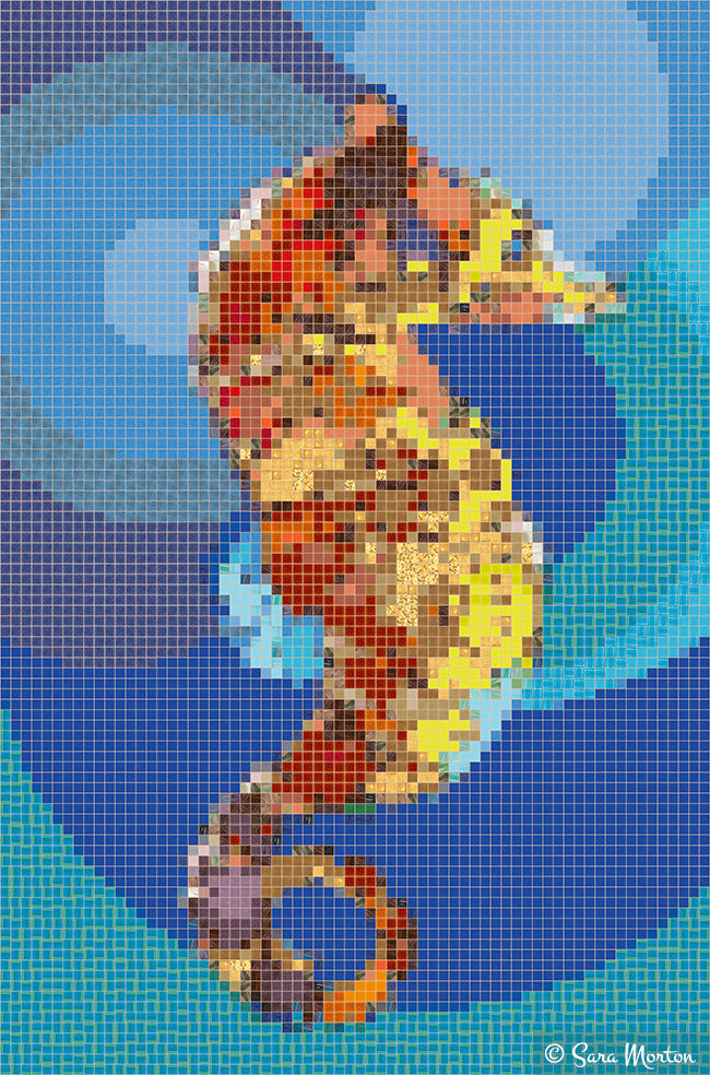 Digital mosaic art print “Seahorse One” showing a golden and brown seahorse surrounded by circular bubble shapes in ultramarine blue and teal tones. 