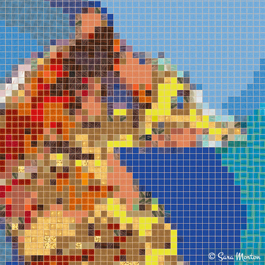 Close-up detail of seahorse face from “Seahorse One” digital mosaic artwork highlighting glass-tile texture, gold patterning, and vivid blue background. 