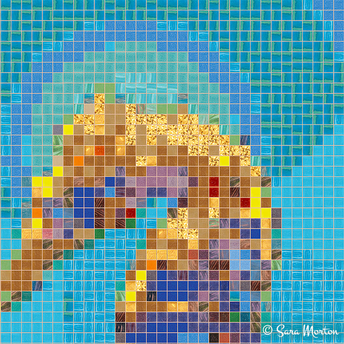 Detailed view of seahorse three mosaic featuring close up of golden seahorse head and background with glass tile effects and shimmering aquatic textures