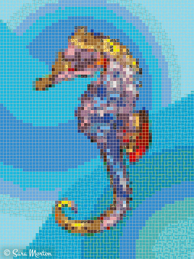 Seahorse digital mosaic art print featuring colorful glass tile pattern in ocean blues and lavender tones
