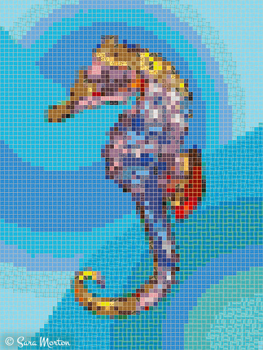 Seahorse digital mosaic art print featuring colorful glass tile pattern in ocean blues and lavender tones