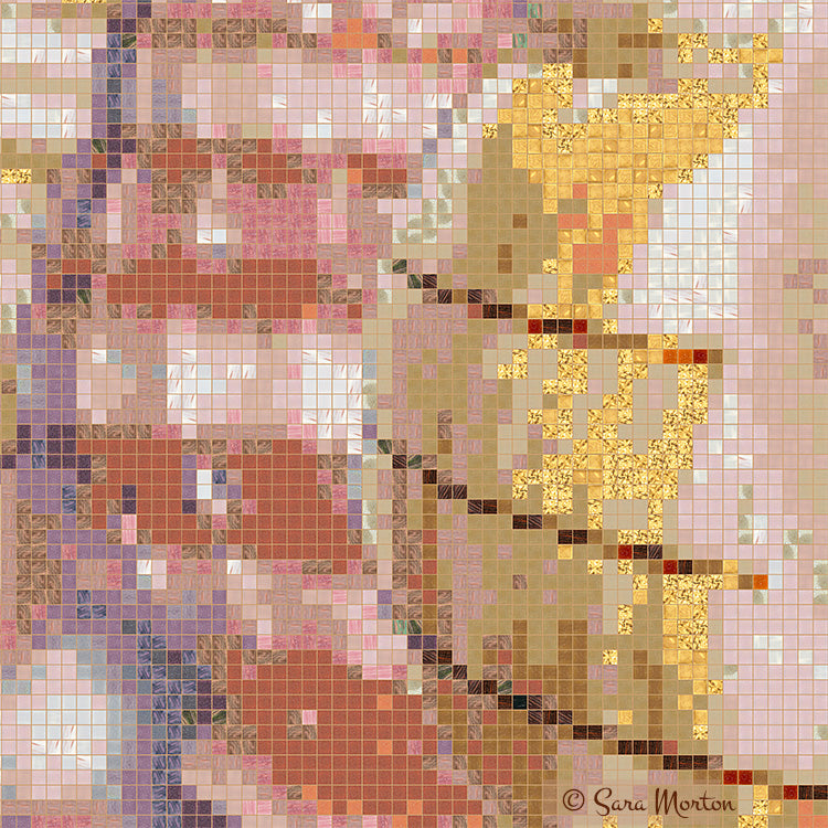 Close-up detail of striped and marbled seashells from “Sequential Shells” digital mosaic artwork by Sara Morton.