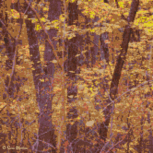 Sienna Trees autumn landscape mosaic art print featuring golden yellow and deep purple glass tiles forming New England fall foliage trees