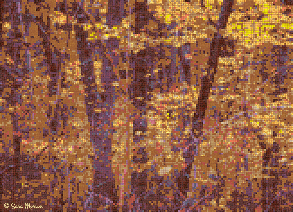 Digital mosaic artwork titled “Sienna Trees Two” featuring abstract fall trees in gold, sienna, and ochre tones with deep violet trunks, inspired by Rocky Woods in Medfield, Massachusetts. Created by artist Sara Morton. 