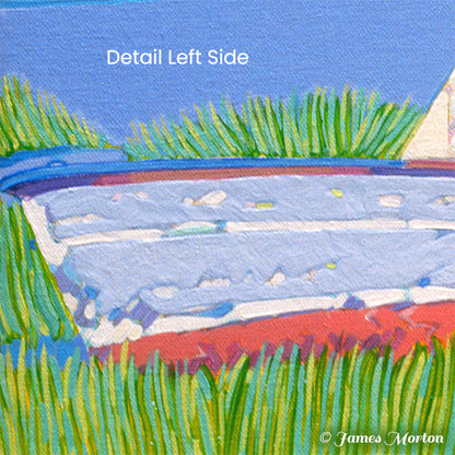 Detail of red, white and blue lobster boat in tidal marsh from Wellfleet Harbor Cape Cod painting by James Morton