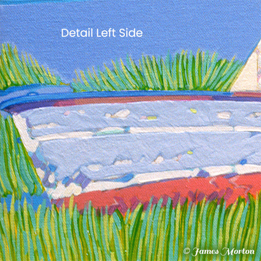Detail of red, white and blue lobster boat in tidal marsh from Wellfleet Harbor Cape Cod painting by James Morton