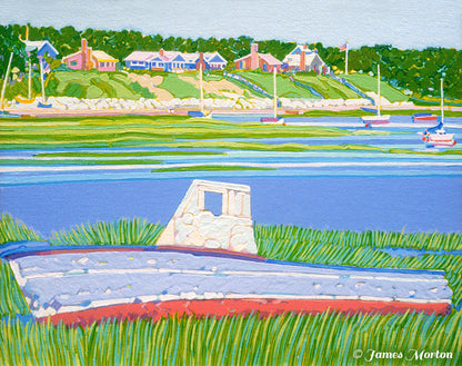 Wellfleet Harbor painting showing red, white and blue lobster boat in Cape Cod tidal marshes with sailboats and waterfront homes
