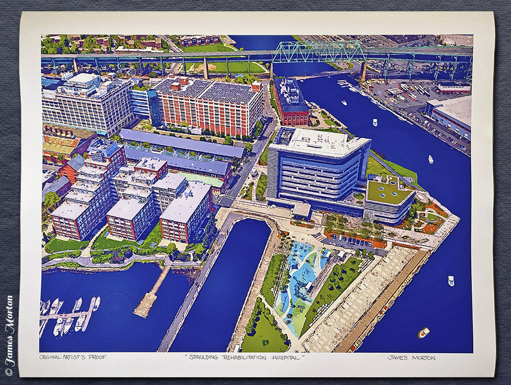 Spaulding Rehabilitation Hospital Charlestown Boston MA Fine Art Print on Watercolor Paper aerial view with harbor and waterfront.