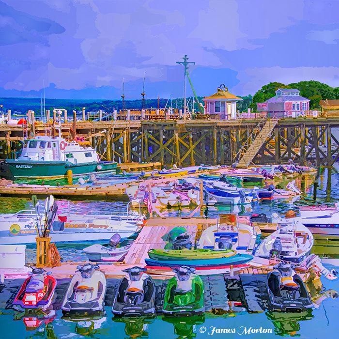 Fine art print of Plymouth Town Pier, Massachusetts, with colorful sport boats, motorboats, and jet skis on the harbor