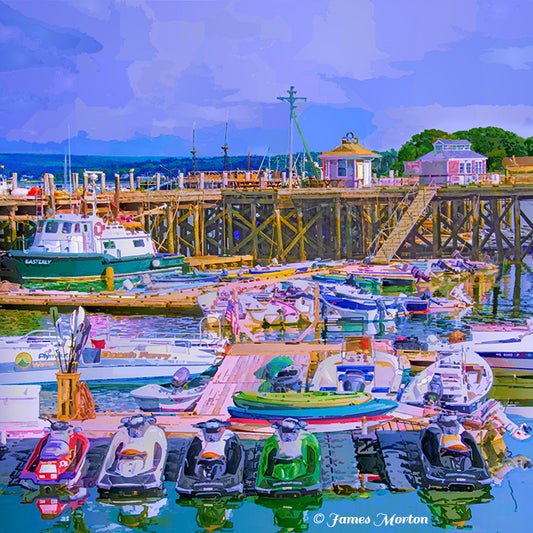 Fine art print of Plymouth Town Pier, Massachusetts, with colorful sport boats, motorboats, and jet skis on the harbor