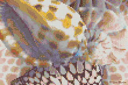 Digital mosaic art print “Spotted Shells” showing four layered seashells with spotted patterns in brown, taupe, gold, and white tones. 