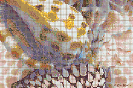 Digital mosaic art print “Spotted Shells” showing four layered seashells with spotted patterns in brown, taupe, gold, and white tones. 