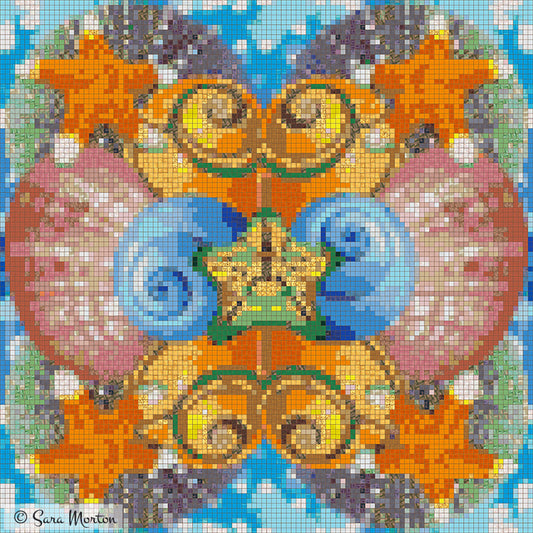 Starfish Shimmer seashell and starfish mosaic art print featuring vibrant orange starfish, pink conch shells, and blue spiral shells in colorful glass tile squares
