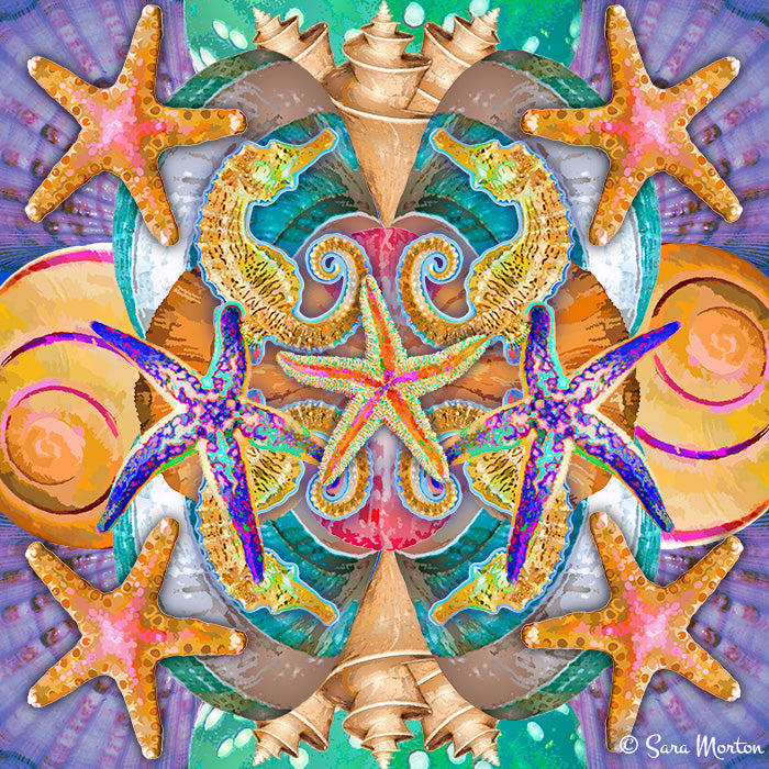 Colorful sea-themed kaleidoscope collage art print with starfish and seashells. Fine art prints available on canvas and watercolor paper