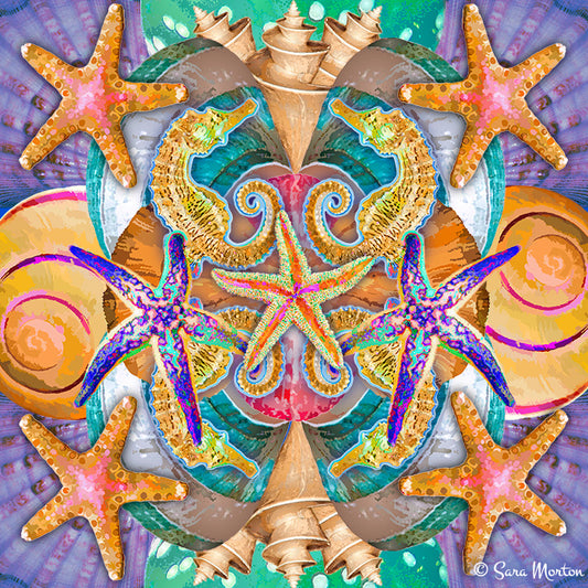 Colorful sea-themed kaleidoscope collage art print with starfish and seashells. Fine art prints available on canvas and watercolor paper