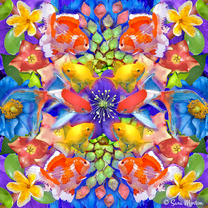 Colorful Kaleidoscope Collage art print with goldfish and flowers.