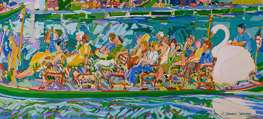 Panoramic painting of Boston Public Garden Swan Boat on the lagoon with passengers, by artist James Morton